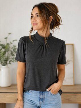 Jane & John Charcoal Mock Neck Puff Sleeve Tencel Top Size Large